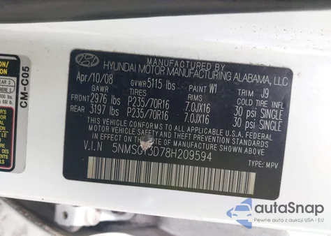 2008 Hyundai Santa Fe Gls z USA, uszkodzony, nr VIN 5NMSG13D78H209594